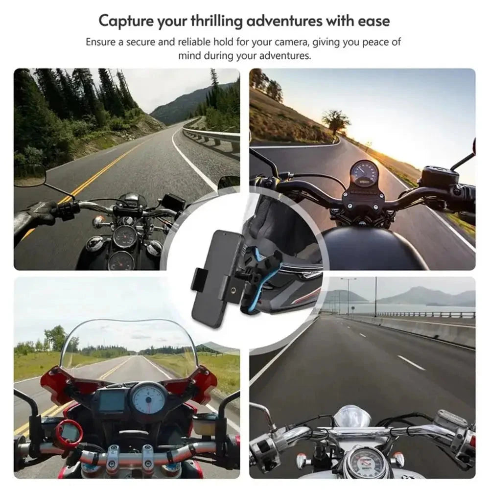 Motorcycle riding POV shots captured using helmet-mounted phone holder for adventure documentation.