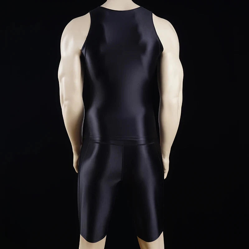 Men Thin Fitness vest Tights suit Slim Bottoms Satin Glossy Leggings Streetwear Athletic Shorts Quick-drying Compression Pants