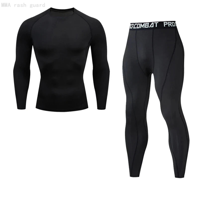 All-black men's compression workout set with long-sleeve top and tights, designed for bodybuilding, running, or gym sessions.