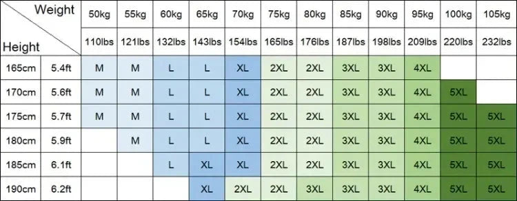 Size chart for men's summer sport suits showing recommended sizes based on height and weight in kilograms and pounds.