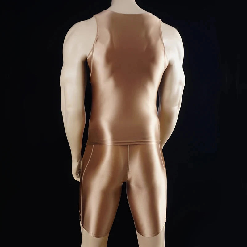 Men Thin Fitness vest Tights suit Slim Bottoms Satin Glossy Leggings Streetwear Athletic Shorts Quick-drying Compression Pants